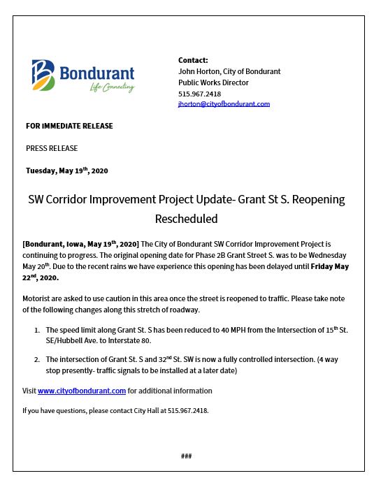 Grant St Reopening Rescheduled Image