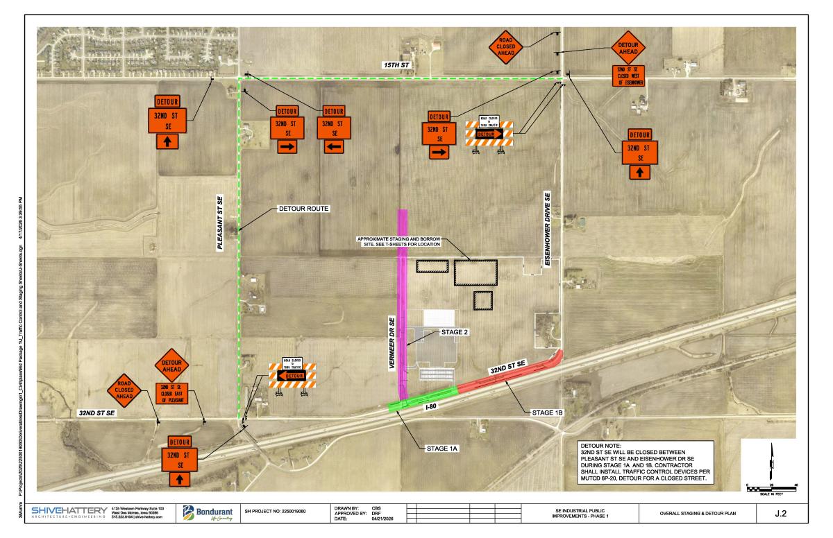 Map showing closed roads and detours in the SE Industrial Public Improvements Phase 1