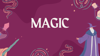 Dark purple background with magical items