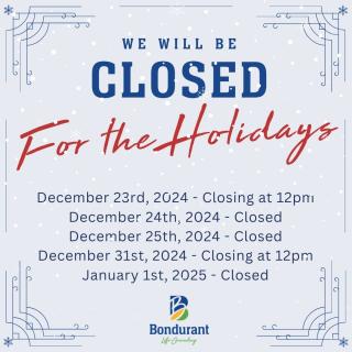 Snowy background with the days/times City Hall is closed for the upcoming Holidays.