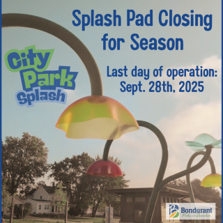 Photo of splash pad features with announcement of closing date