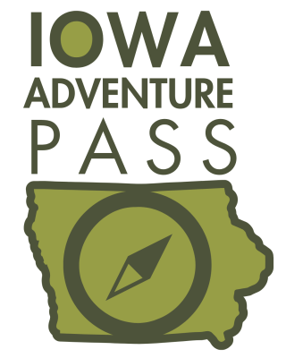 Iowa Adventure Pass with the outline of the state of Iowa and a compass needle