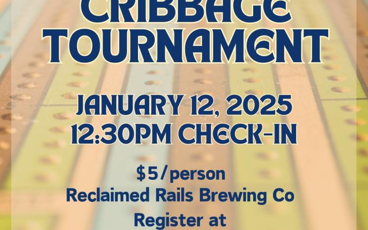 Cribbage board with the event details, the City of Bondurant logo and Reclaimed Rails Brewing logo