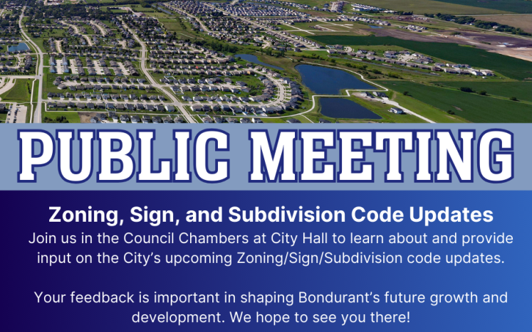 public meeting info text with large city aerial in background