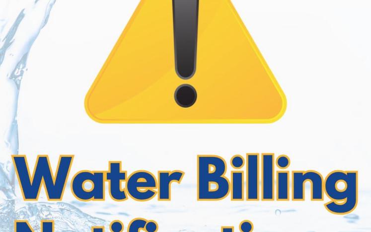 background image of water flowing with the text "Water billing notifications" with a large yellow triangle with an exclamation