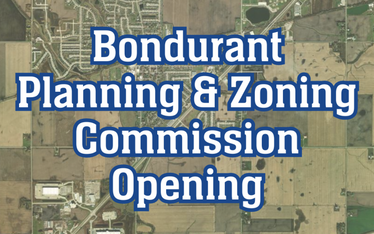 Aerial image of bondurant with text heading and city logo
