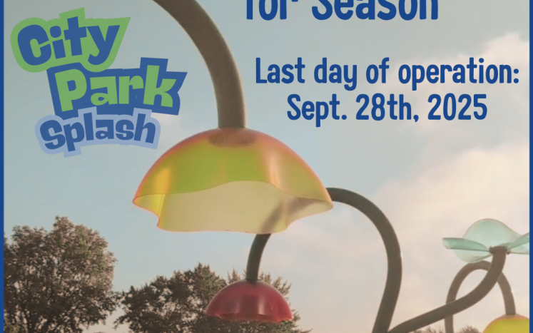 Photo of splash pad features with announcement of closing date