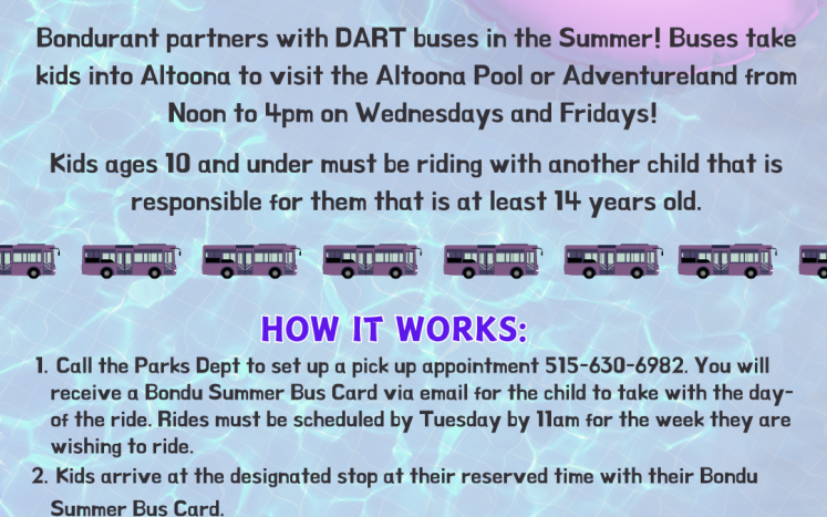 Background includes pool floaties with tiny bus graphic. Text is what's listed on this news release.