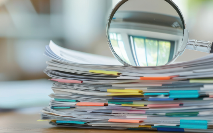 Stack of files with magnifying glass sitting on top