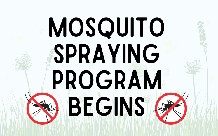 "Mosquito Spraying Program Begins" with images of mosquitoes with a red slash through them.